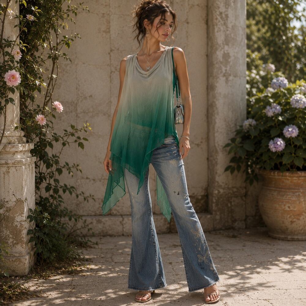 Bebe Hombre Silk Ombre Womens Top Sz M Y2K Fairycore Boho Green Asymmetrical